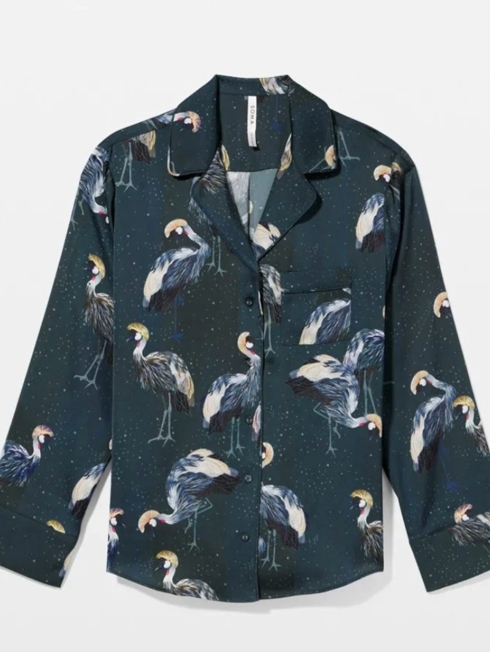 SOMA 2XL Notch Collar Dark Teal Satin Bird Print Button-Up Pajama Top NWT